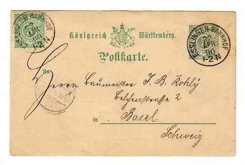 Ganzsache Esslingen Bahnhof 1890 nach Basel, Holzwaren