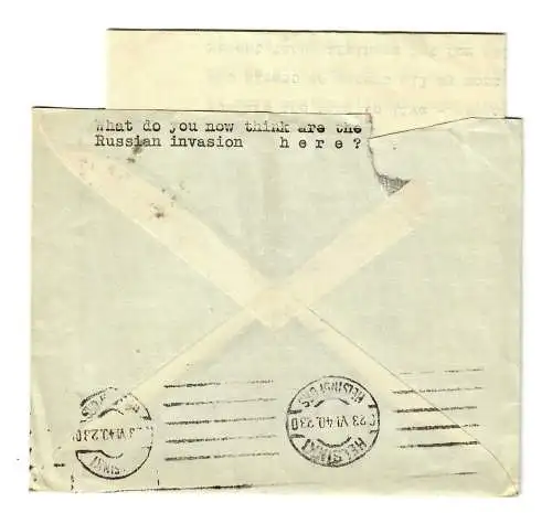 Brief 1940 nach Helsinki mit Inhalt: What do you think are the Russion invasion