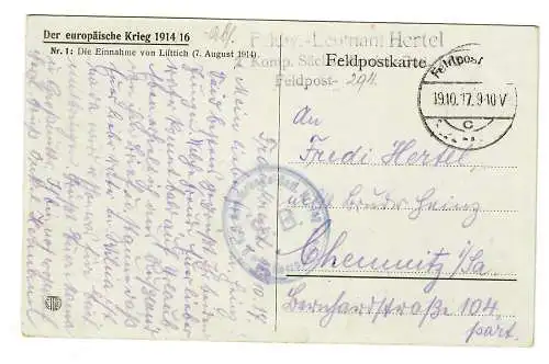 Ansichtskarte I. Weltkrieg, 1917, Feldpost, Einnahme von Lüttich