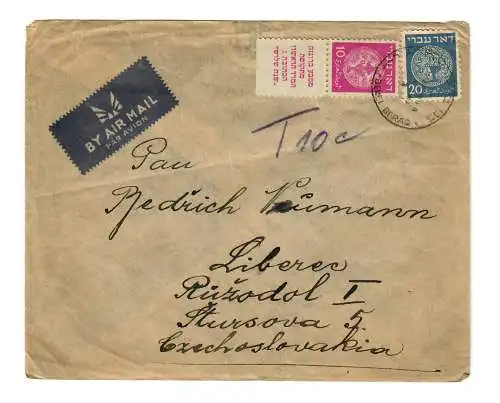 Luftpost Israel in die Tschecheslovakei