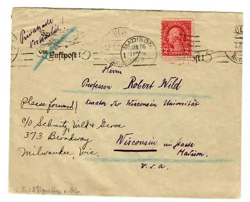 Luftpost Ulm-Wisconsin/USA 1928, dort Nachsendung Milwaukee, PERFIN Madison