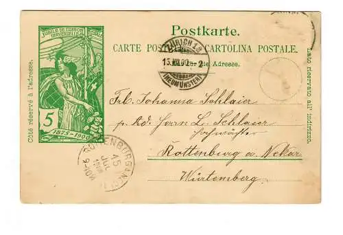 Postkarte Zürich 1900 nach Rottenburg/N
