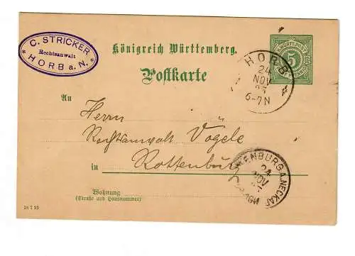 Ganzsache Horb 1893 nach Rottenburg/N