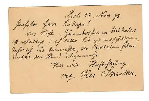 Ganzsache Horb 1893 nach Rottenburg/N