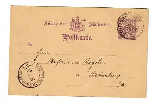 Ganzsache 1886 von Stuttgart nach Rottenburg/N