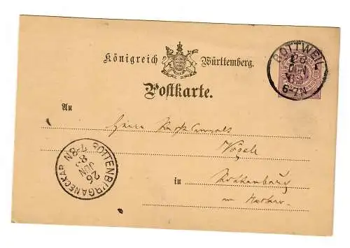 Ganzsache Rottweil 1882 nach Rottenburg/N