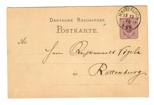 Ganzsache Haigerloch 1878 nach Rottenburg