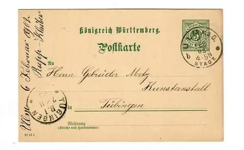 Ganzsache 1902 von Ulm nach Tübingen - Kunstanstalt