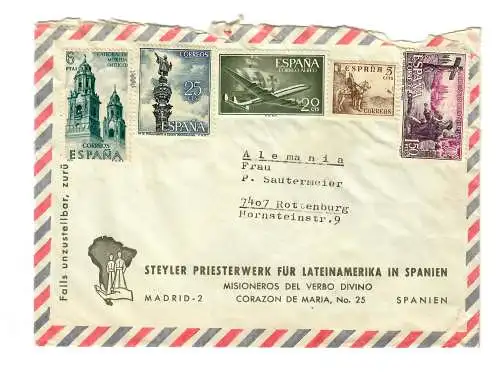 Luftpost Brief Spanien - Priesterwerk für Lateinamerika nach Rottenburg/N
