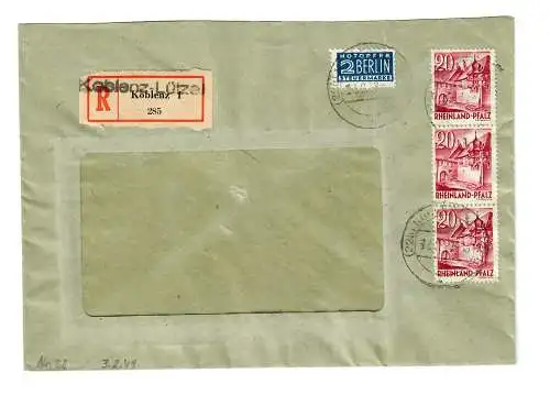 Koblenz-Lütze, Brief als Einschreiben nach Reutlingen 1949