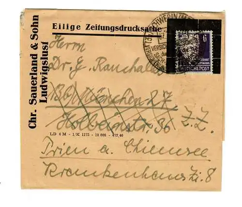 SBZ: Zeitungsdrucksache Schwerin/Ludwigslust nach Prien/Chiemsee