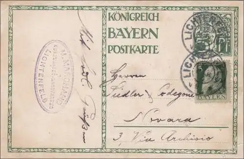 Bayern: 1911: Ganzsache aus Lichtenfels nach Novara