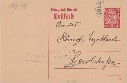 Bayern: 1919: Ganzsache von Rimbach nach Gerolzhofen, P99