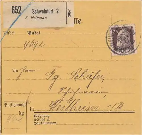 Bayern: 1914: Paketkarte von Schweinfurt 2 nach Wertheim