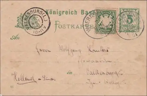 Bayern: 1901: Ganzsache von Wörishofen nach Valkenburg