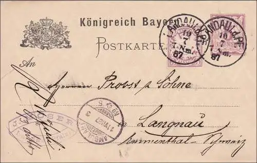 Bayern: 1887: Ganzsache von Landau i.d.Pf. nach Langenau