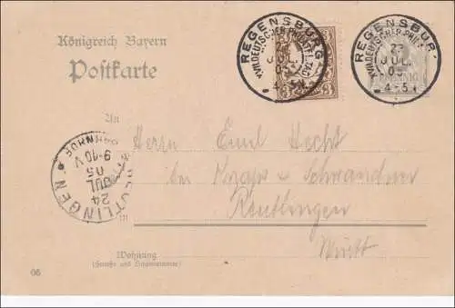 Bayern: Ganzsache 1905 von Regensburg nach Reutlingen (Württ.)