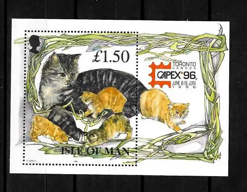 Isle of Man: Manx Katzen, Block, mit Aufdruck CAPEX Toronto, postfrisch