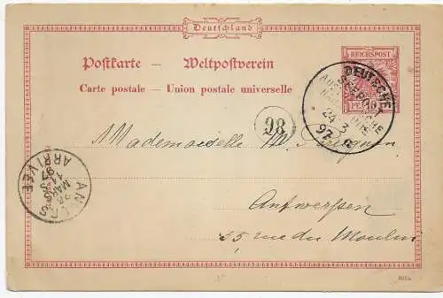 Postkarte Seepost Australische Hauptlinie nach Antwerpen, 1897