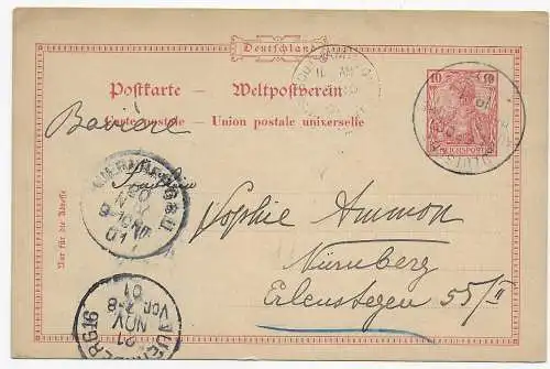 Postkarte Seepost Kaiserliche Hauptlinie nach Nürnberg 1901