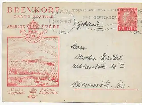 Postkarte Stockholm nach Chemnitz, Ausstellung und Auslandsverwendung, 1929