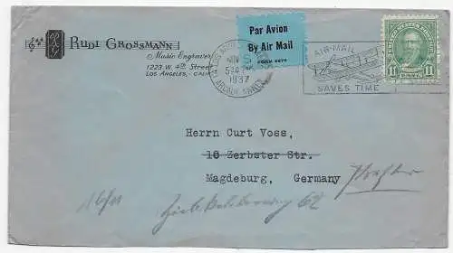 Luftpost Music Engraver Los Angeles 1937 nach Magdeburg