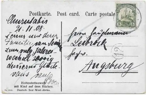 DSWA: Ansichtskarte Hottentottenweib mit Kind 1908 nach Augsburg