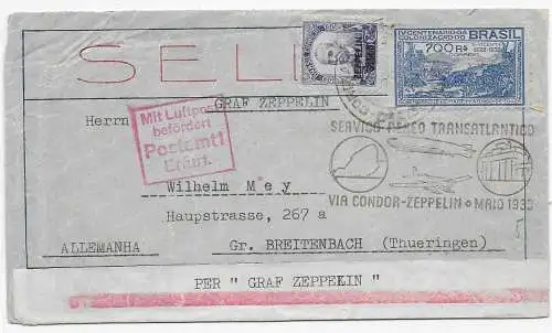 Brief via Condor-Zeppelin-Maio 1933 von Brusque, Sta. Catharina nach Erfurt