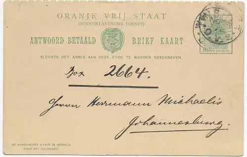 Oranje Vrij Staat, Antwort Karte Winburg 1898 nach Johannesburg/Südafrika