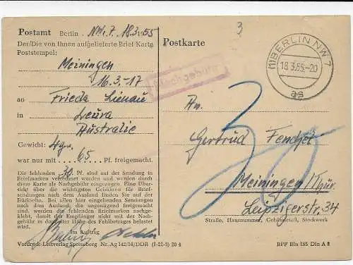 Nachträgliche Portoeinforderung: Berlin-Meiningen, 1955, Nachgebühr, Taxe