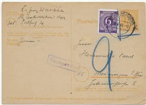 Ganzsache Andreasberg 1947 mit Nachgebühr/Taxe nach Meiningen