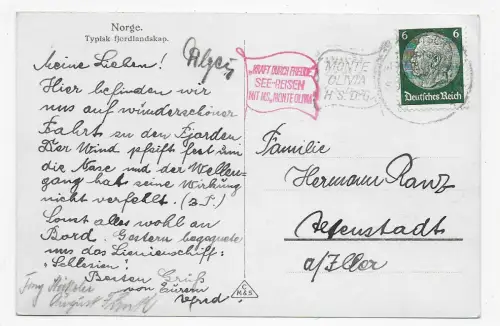 Schiffspost M.S. Monte Olivia 1934 oder 38 auf Ansichtskarte von Norwegen