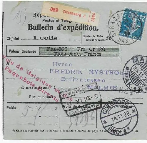 Paketkarte Strasbourg nach Göteborg/Malmö 1923 - Rückseite