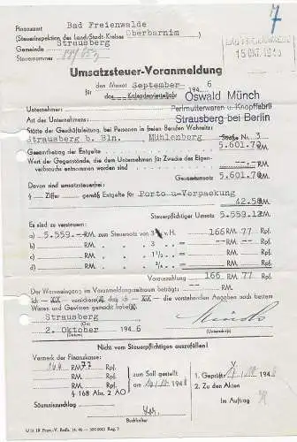 Drucksache Finanzamt Bad Freienwalde nach Straussberg 1945, Notstempel