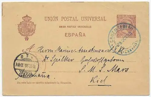 Postcard Teneriffa  - Überroller 1895 nach Kiel - Marine Assistenzarzt