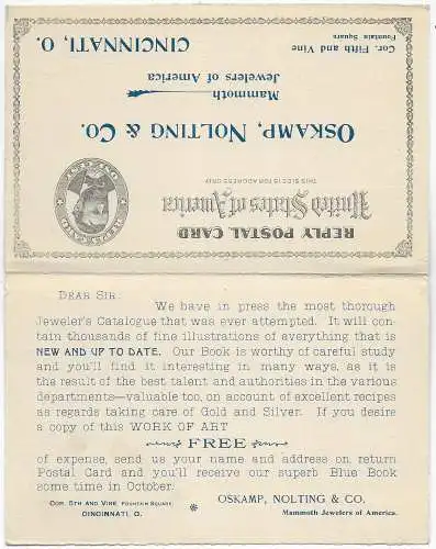 Firmen-Doppelkarte-Ganzsache Cincinnati, OH, 1895