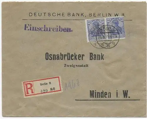 Einschreiben Deutsche Bank Berlin, 1921 nach Minden, stark außerzentrisch