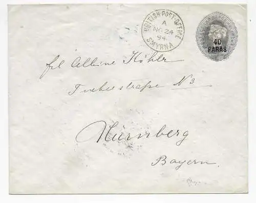 British Post office Smyrna nach Nürnberg, 1894, Ganzachenbrief