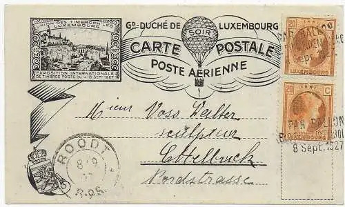 Postkarte Ballonpost Luxembourg, Roodt nach Ettelbruck, 1927