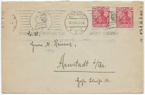 Brief mit MeF, 1921 mit Werbestempel Erfurt Luther Gedächtnisfeier nach Arnstadt