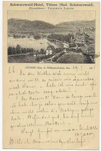 Hotelkarte Schwarzwald-Hotel Titisee, Bad. Schwarwald, Höllenthalbahn, 1888