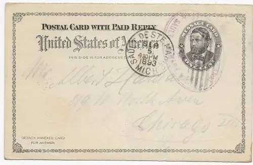 Frageteil Ganzsache USA: Sault De Ste. Marie/Mich, 1893 nach Chicago, Stempel