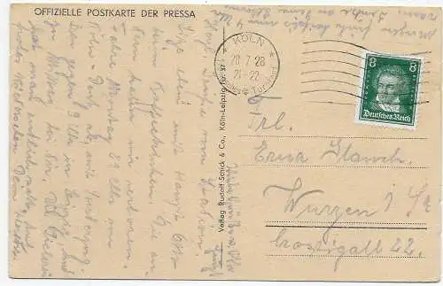 Offizielle Postkarte der Pressa, Köln, Deutsches Turnfest-Werbestempel 1928