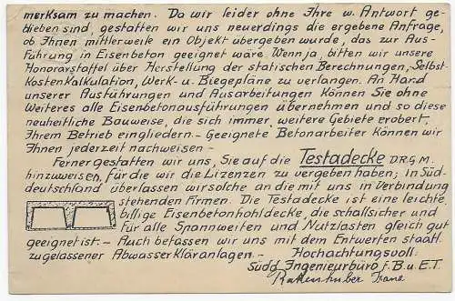 Ganzsache München Betontechnik nach Tettnang 1910, Rückseite 