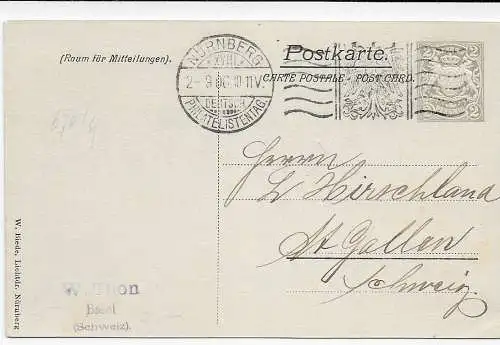 Karte: Deutscher Philatelistentag Nürnberg, 1906, Werbestempel nach St. Gallen