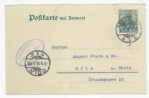 Germania Antwort Ganzsache Bremen nach Köln 1908, Zigarren