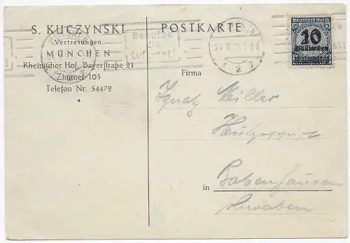Postkarte München 1923, MiNr. 334 Wa, 24.11.1923 nach Babenhausen