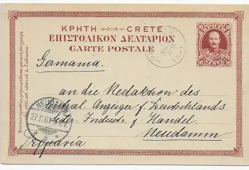 Kreta Postkarte Heraklon, Landia, Candie nach Neudamm, 1901