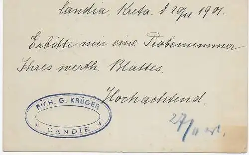 Kreta Postkarte Heraklon, Landia, Candie nach Neudamm, 1901