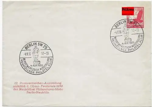 Sonderstempel Beleg Postwertzeichen Ausstellung Neukölln, 1936